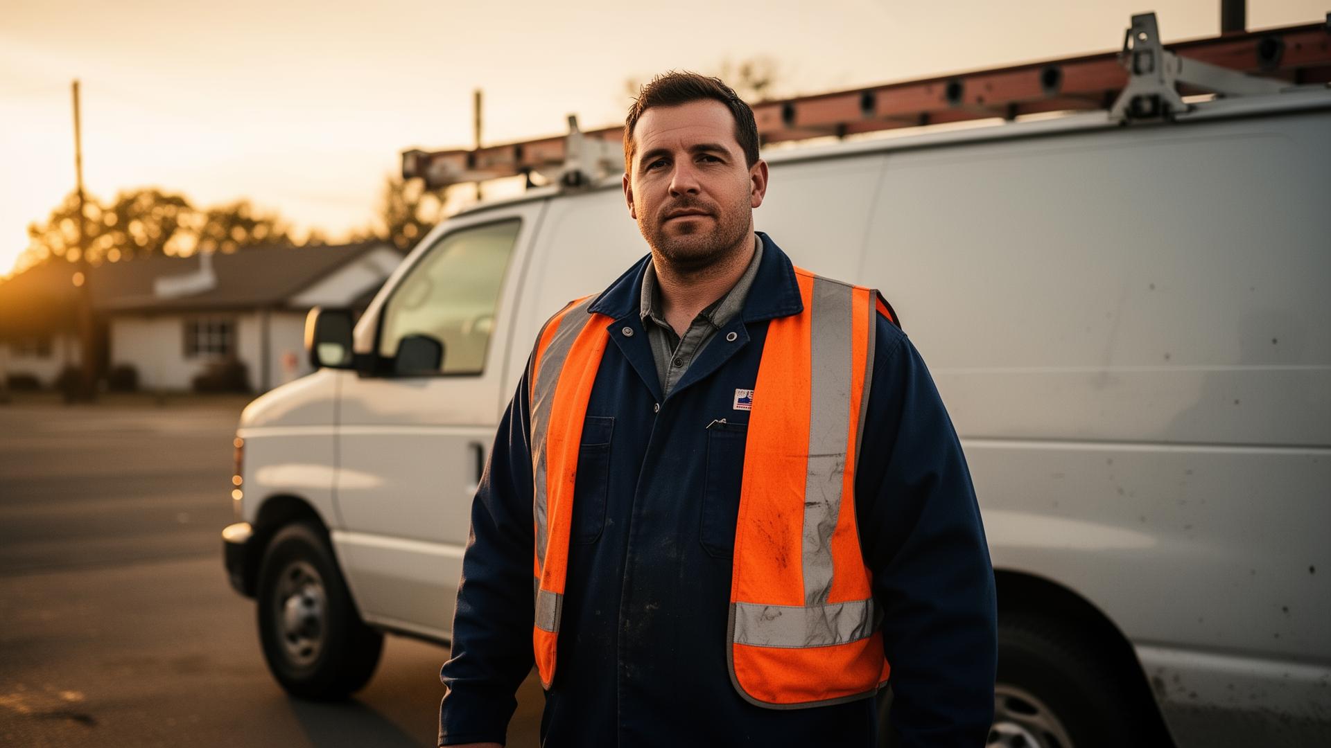 Tradesman in safety vest standing in front of a service van at golden hour