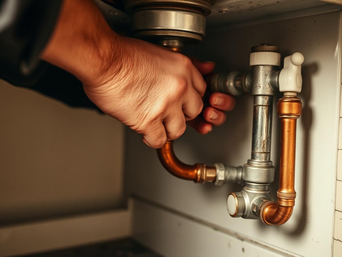 Hands working on copper pipes under a sink